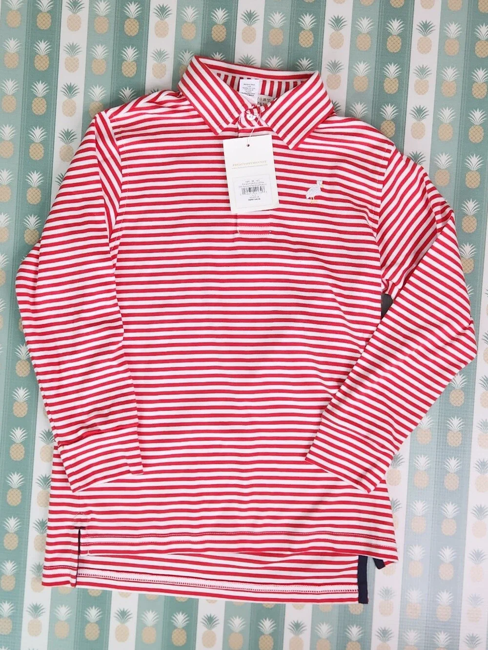 TBBC Prim & Proper Polo - Richmond Red Stripe w/ Multicolor Stork - Long Sleeve